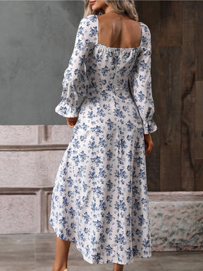 Women’s Floral Square Neck Maxi Dress Bubble Long Sleeve Side Slit Flowy Boho Dresses