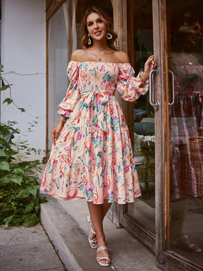 Women Square Neck Floral Dress Long Sleeve Boho Dress For Women Wedding Guest Dress