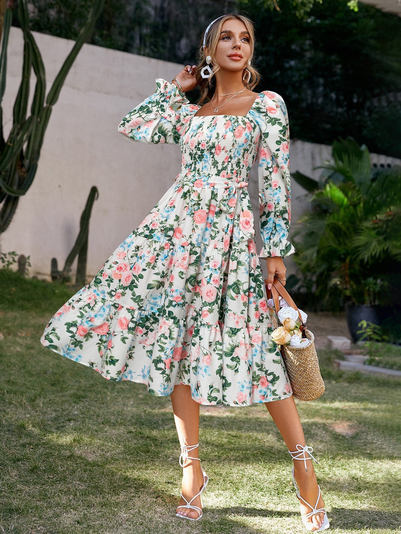 Women Square Neck Floral Dress Long Sleeve Boho Dress For Women Wedding Guest Dress