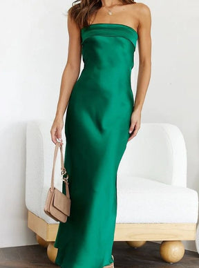 Women Strapless Satin Tube Bodycon Backless Wedding Guest Maxi Dress