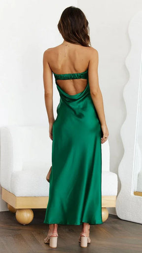 Women Strapless Satin Tube Bodycon Backless Wedding Guest Maxi Dress