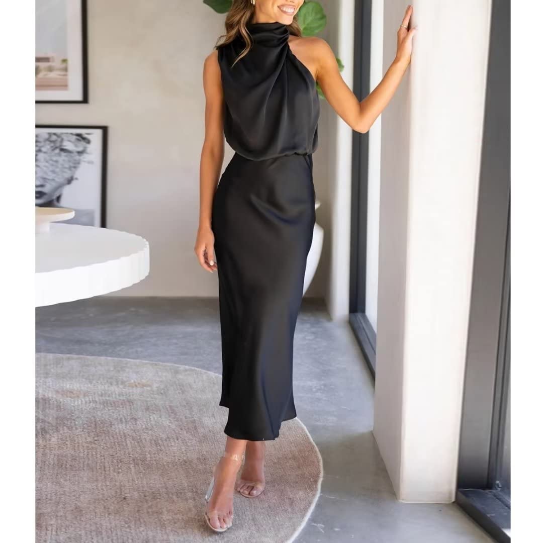 Women's Satin Dress Elegant Sleeveless Mock Neck Cocktail Party Maxi Dresses