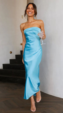 Women Strapless Satin Tube Bodycon Backless Wedding Guest Maxi Dress