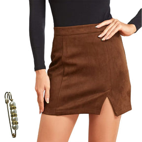 Short Skirts for Women High Waist Faux Suede Side Split Short A Line Leather Skort Mini Skirt by Yazinie