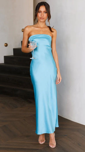 Women Strapless Satin Tube Bodycon Backless Wedding Guest Maxi Dress