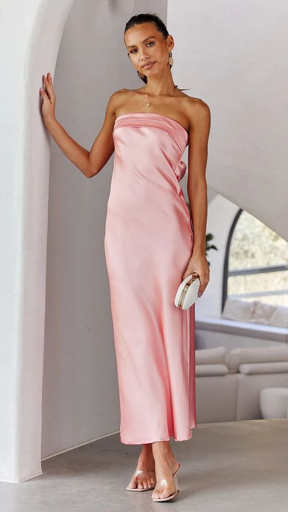 Women Strapless Satin Tube Bodycon Backless Wedding Guest Maxi Dress