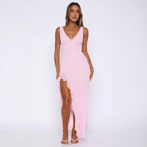 Fashion Women's Sexy Dress V-Neck Backless y2k Maxi Dress Side High Split Ruffle Dress Sleeveless Mesh Dress By Yazinie