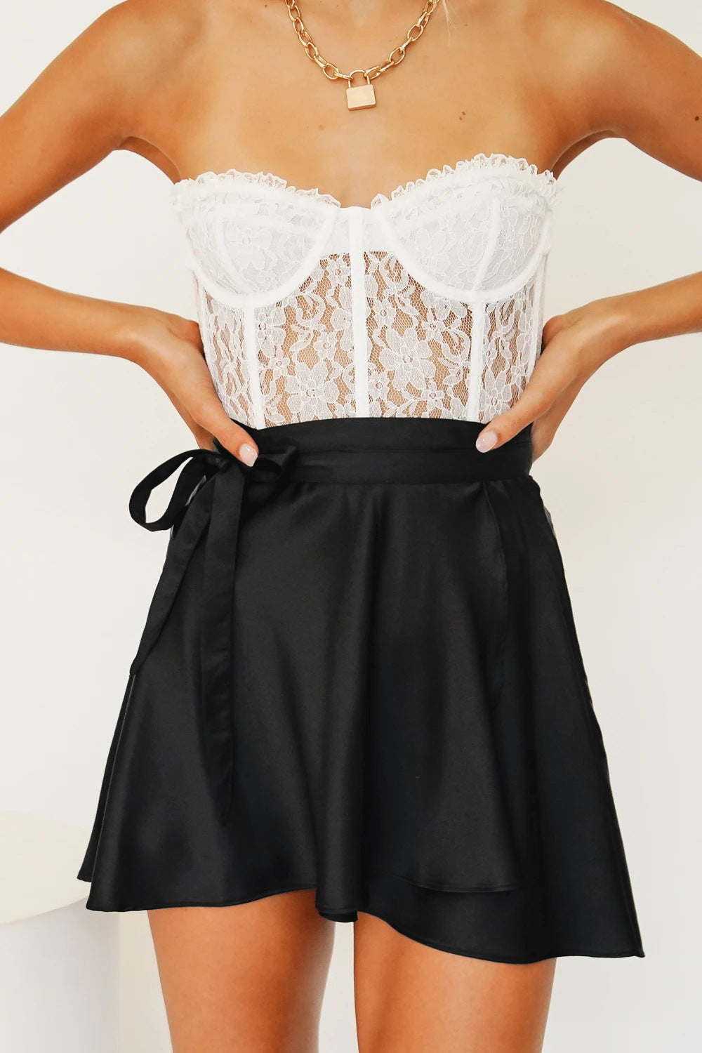 One-piece Lace-Up Skirt Chiffon Satin Wrap Skirt