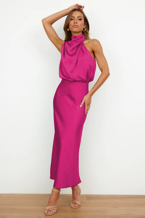 Women's Satin Dress Elegant Sleeveless Mock Neck Cocktail Party Maxi Dresses