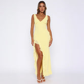 Fashion Women's Sexy Dress V-Neck Backless y2k Maxi Dress Side High Split Ruffle Dress Sleeveless Mesh Dress By Yazinie