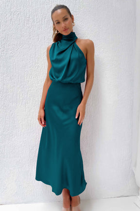 Women's Satin Dress Elegant Sleeveless Mock Neck Cocktail Party Maxi Dresses