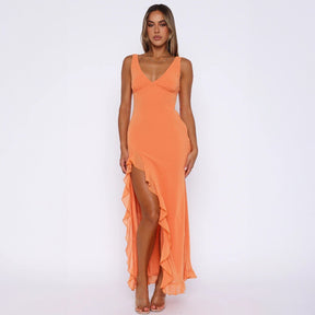 Fashion Women's Sexy Dress V-Neck Backless y2k Maxi Dress Side High Split Ruffle Dress Sleeveless Mesh Dress By Yazinie