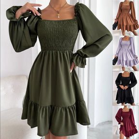 Women's Square Neck Lantern Puff Long Sleeve Ruffle One Shoulder Flowy Elastic Casual Midi Dresses for Women