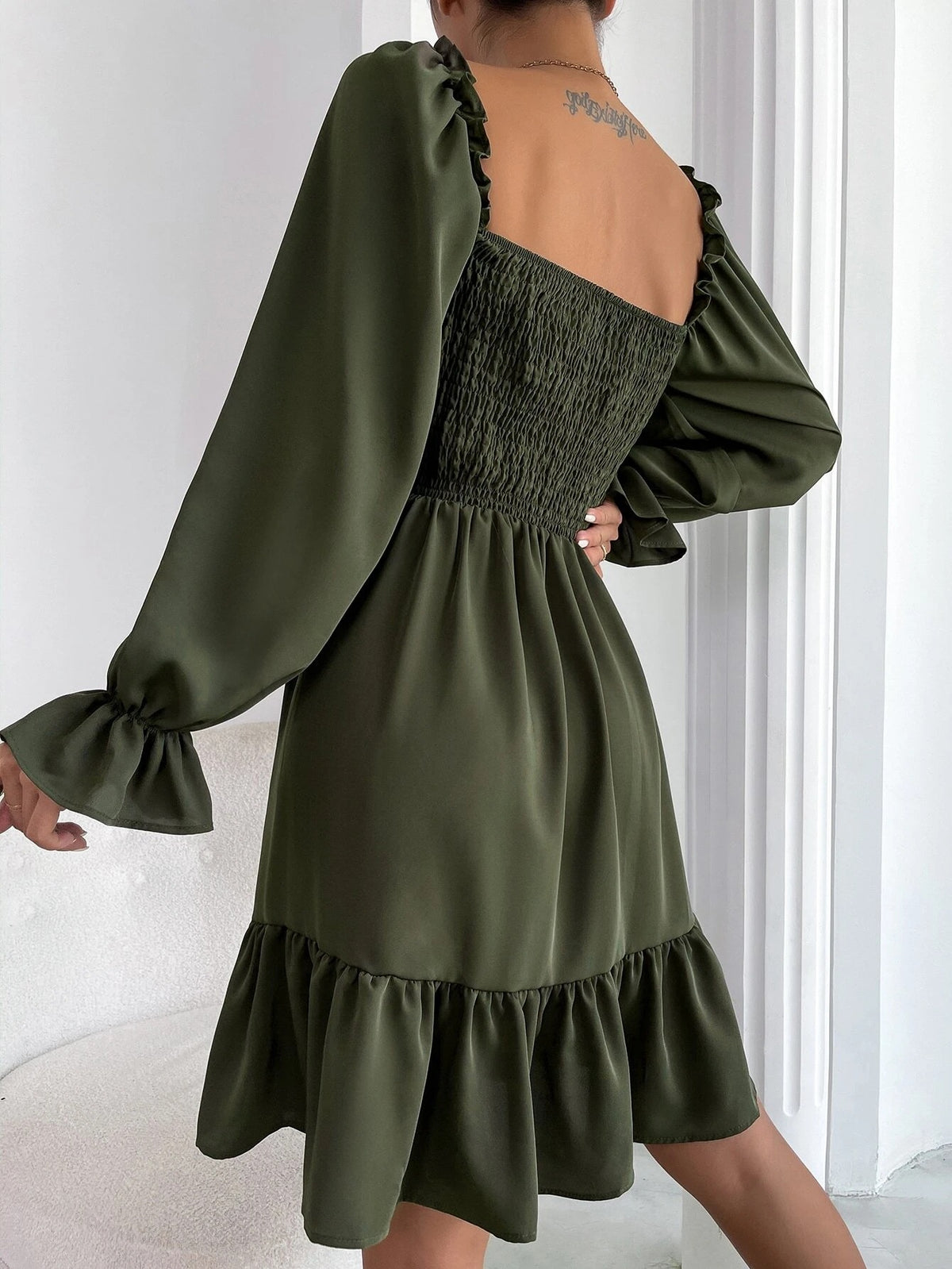 Women's Square Neck Lantern Puff Long Sleeve Ruffle One Shoulder Flowy Elastic Casual Midi Dresses for Women