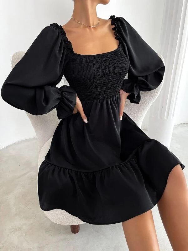 Women's Square Neck Lantern Puff Long Sleeve Ruffle One Shoulder Flowy Elastic Casual Midi Dresses for Women