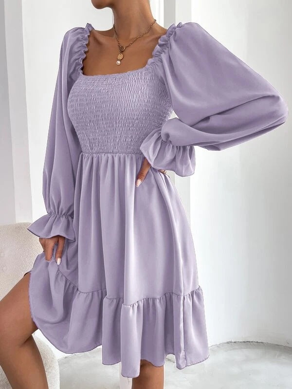 Women's Square Neck Lantern Puff Long Sleeve Ruffle One Shoulder Flowy Elastic Casual Midi Dresses for Women