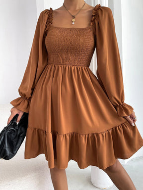 Women's Square Neck Lantern Puff Long Sleeve Ruffle One Shoulder Flowy Elastic Casual Midi Dresses for Women