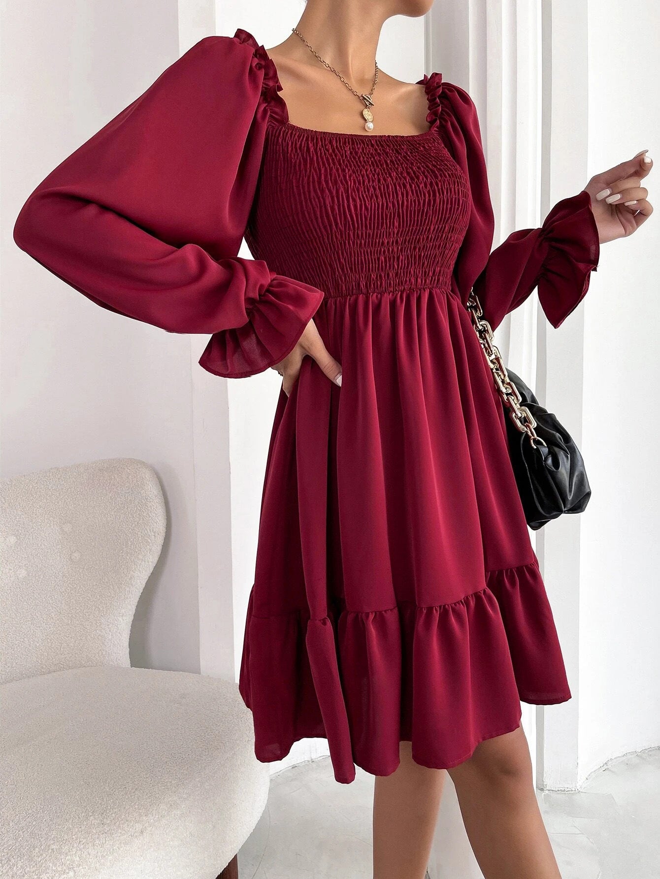 Women's Square Neck Lantern Puff Long Sleeve Ruffle One Shoulder Flowy Elastic Casual Midi Dresses for Women